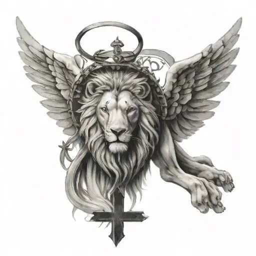 angel wings with line in the middle with cross above lions head  tattoo design idea