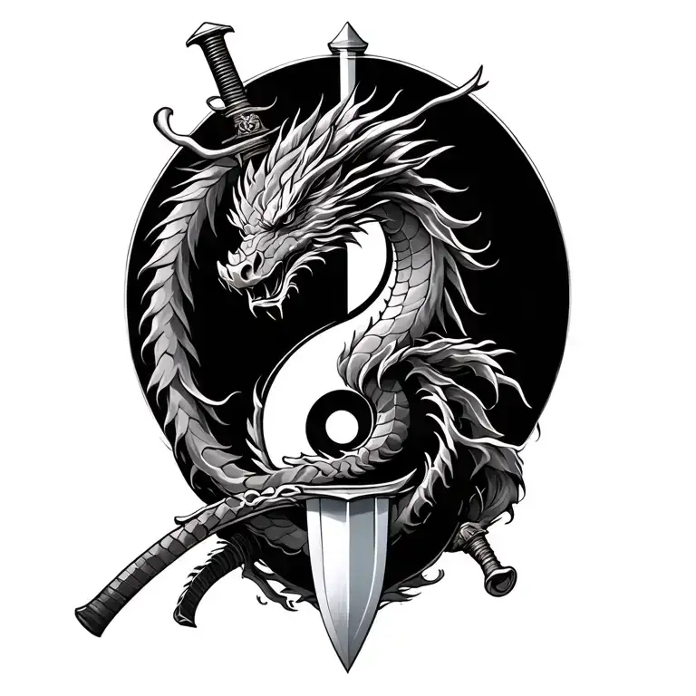 dragon Ying yang symbol wrapping round a samurai sword tattoo design idea