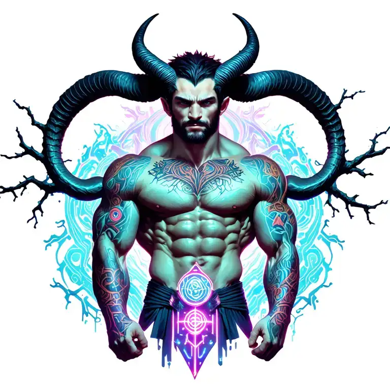 Gay male horned satyr with massive bodybuilder muscles. Background of natural tree roots, vines and patterns tattoo design idea