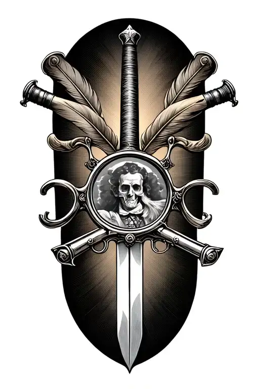 flintlock pistol crossed with cutlass sword crossed with magnifying glass crossed with quill pen tattoo design idea