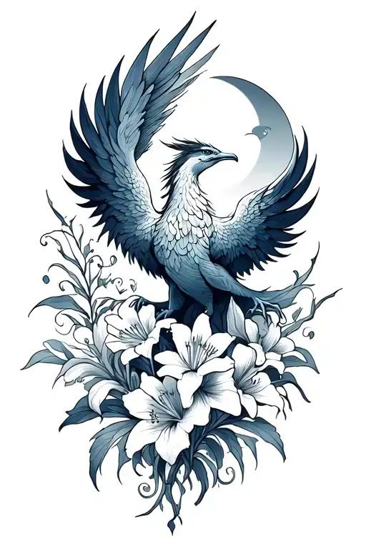 Phoenix with gladiolus and moon tattoo design idea