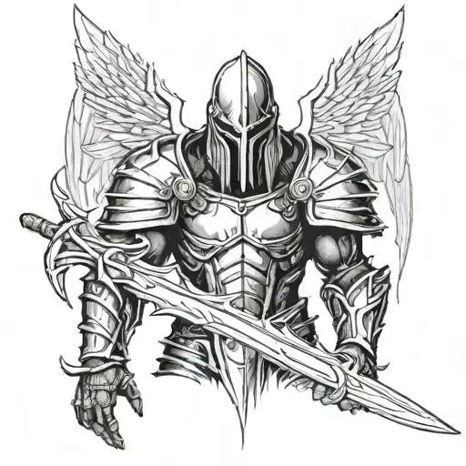 Tyrael From Diablo 2, Standing, Head Facing Down, Holding A Sword With Both Hands tattoo design idea