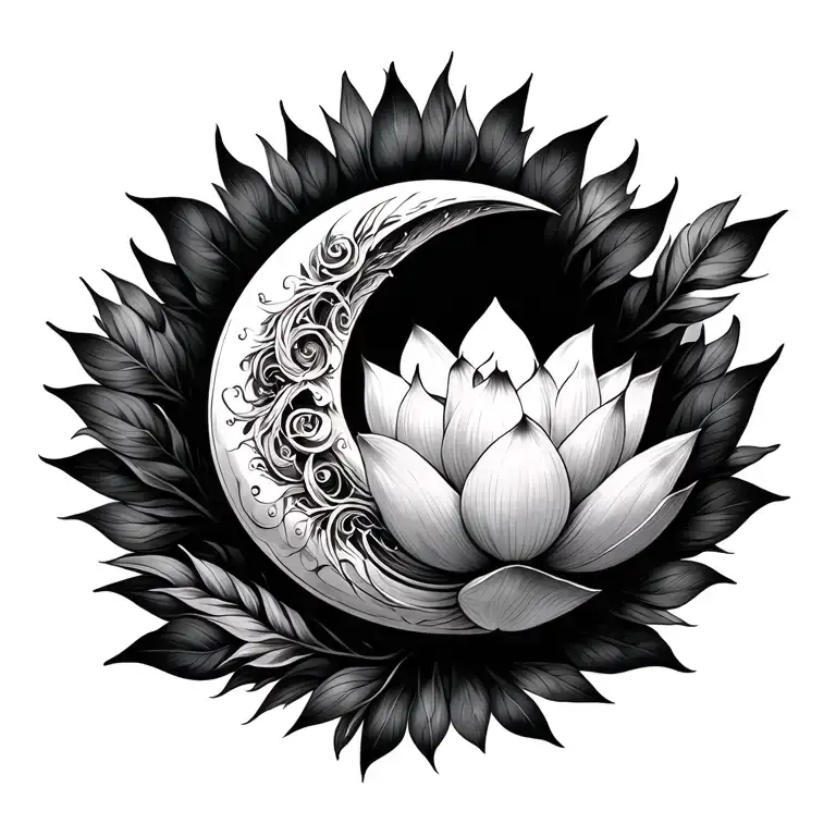 Phoenix crescent moon lotus flower tattoo design idea