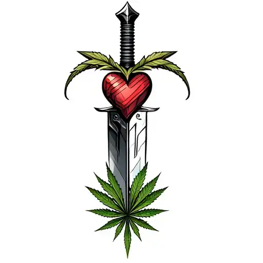 A dagger pierces the heart,Marijuana leaves in the background tattoo design idea