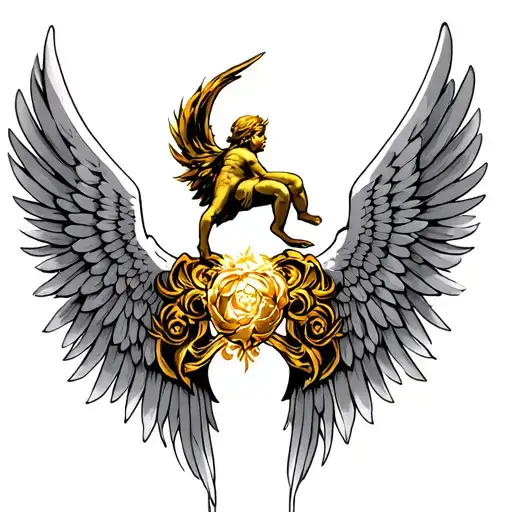 chest tattoo that is wings and has golden child on the top of it  tattoo design idea