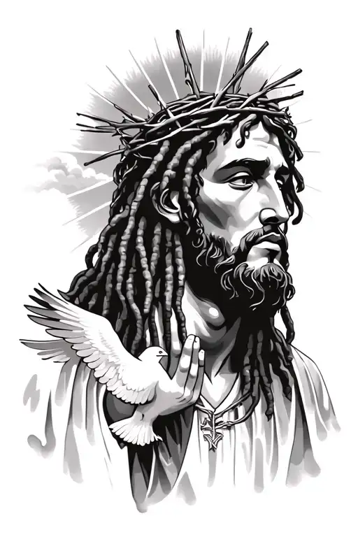 black jesus with dreadlocks wearing a crown of thorns praying hands doves clouds and sunray shining behind jesus head tattoo design idea