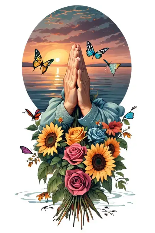 Praying hands, holding a bouquet  Roses and sunflowers, dragonflies and butterflies at a peaceful lake with a sunset  tattoo design idea