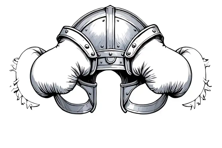 A sketch of a Roman gladiator helmet with boxing gloves hanging off the sides, blending the client's love for Rome and boxing tattoo design idea