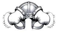 A sketch of a Roman gladiator helmet with boxing gloves hanging off the sides, blending the client's love for Rome and boxing tattoo design idea