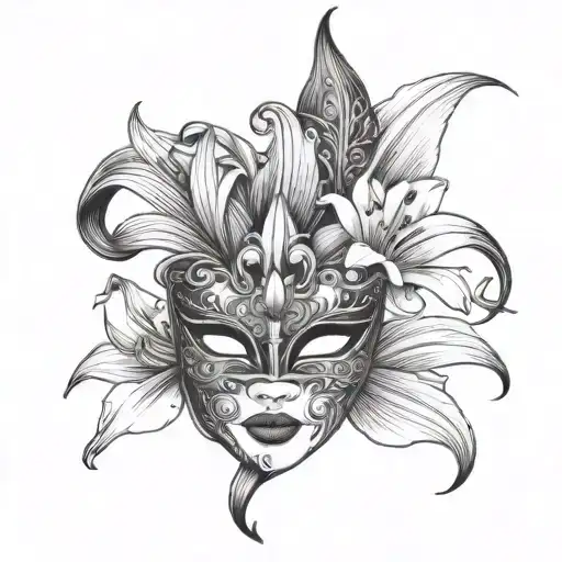 venetian mask and lily flower tattoo design idea