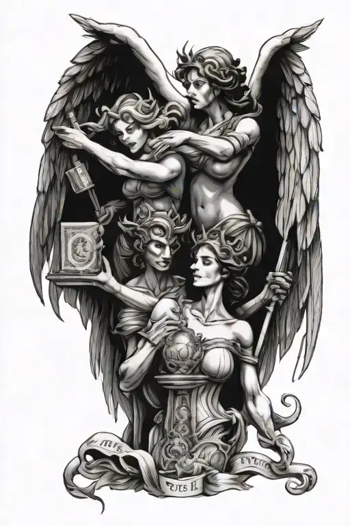 Justice angels holding money to keep safe from devil tattoo design idea