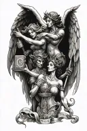 Justice angels holding money to keep safe from devil tattoo design idea