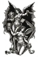 Justice angels holding money to keep safe from devil tattoo design idea