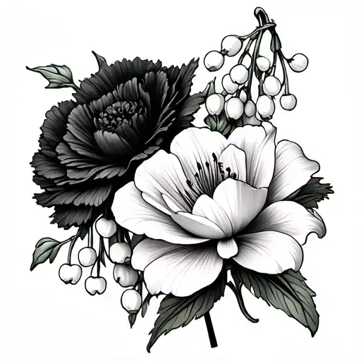 carnation and lily of the valley and gladiolus and marigold and cosmos and peony tattoo design idea