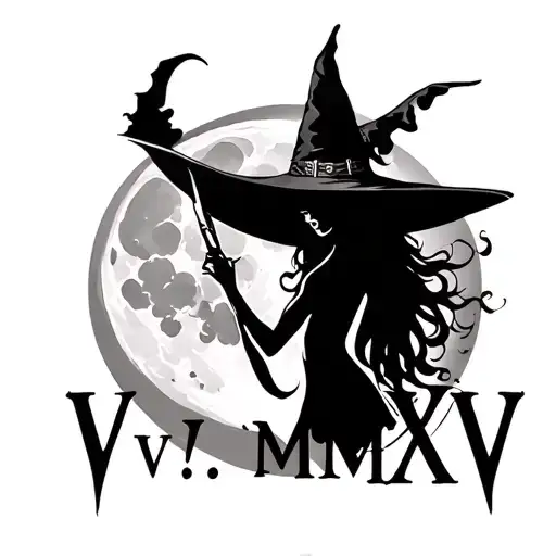 "IV.V.MMXIV" sexy witch silhouette over full moon tattoo design idea