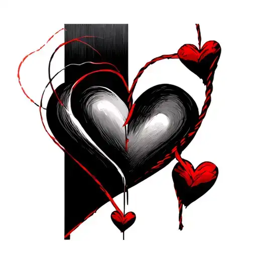 simple black love heart formed with lines and incorporate the red string theory  tattoo design idea