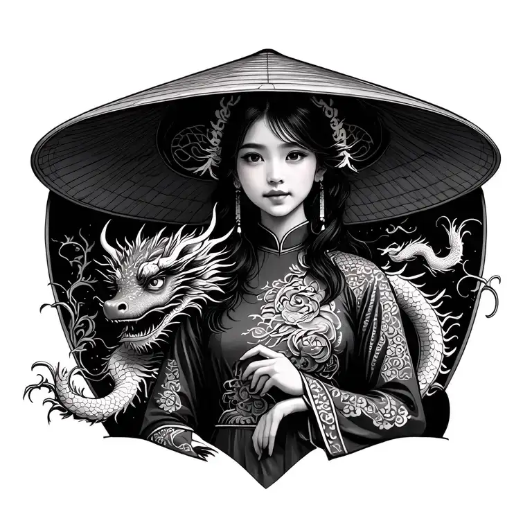 Vietnamese girls wear ao dai and wear a conical hat, a dragon tattoo design idea