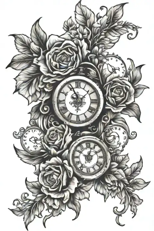 floral bouquet with two clocks tattoo design idea