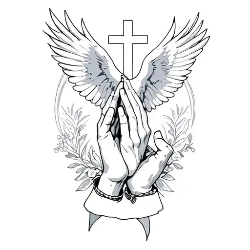 Open praying hands with a dove flying cross background  tattoo design idea