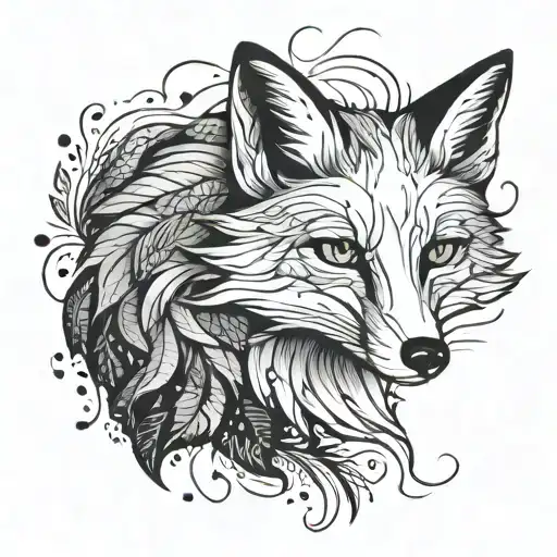 A fox with black leaves around it luminous points tattoo design idea