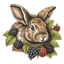 brown and white bunny head surrounded by blackberries tattoo design idea