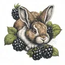 brown and white bunny head surrounded by blackberries tattoo design idea