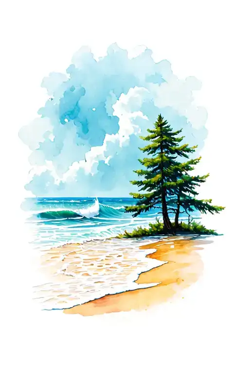beach waves crashing pinetree in the background  tattoo design idea