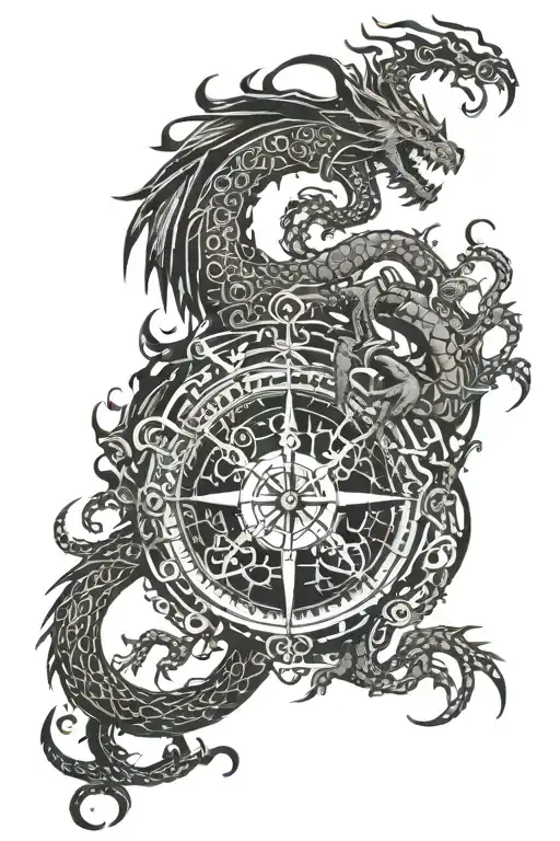 dragon embracing the tree of life and in one hand holding a compass and in the other broken chains tattoo design idea