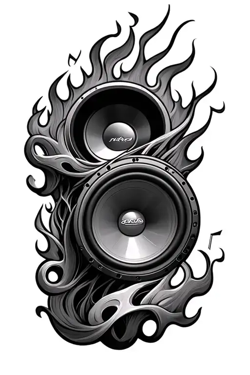 subwoofer producing old school hotrod type flames and musical notes intertwined  tattoo design idea
