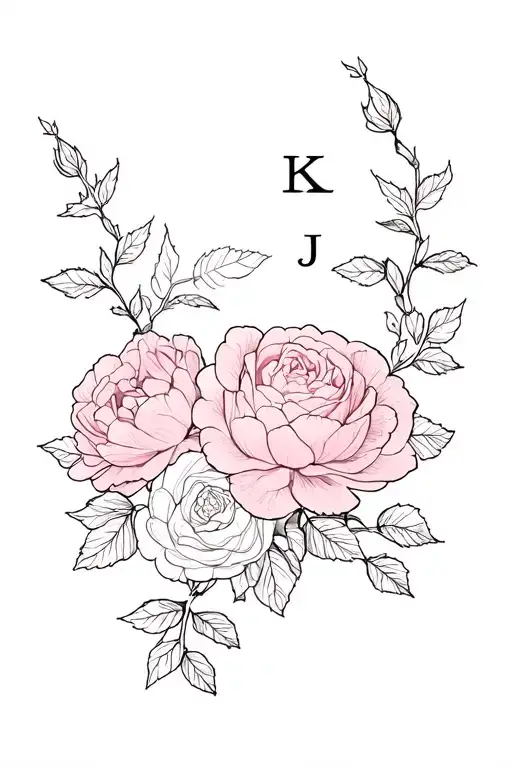 Sakura flowers, roses, and peonies with some vines with small leaves and a tiny initial of a cursive K, and J, and E  tattoo design idea