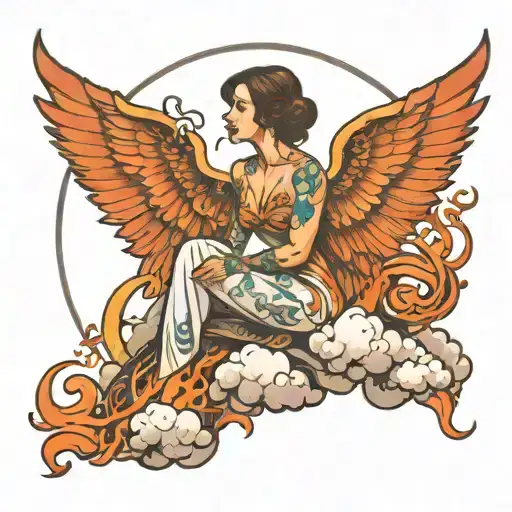 flaming border with lady seated on a cloud, with phenoix wings tattoo design idea