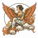 flaming border with lady seated on a cloud, with phenoix wings tattoo design idea