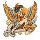 flaming border with lady seated on a cloud, with phenoix wings tattoo design idea