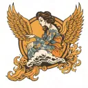 flaming border with lady seated on a cloud, with phenoix wings tattoo design idea