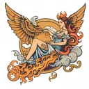 flaming border with lady seated on a cloud, with phenoix wings tattoo design idea