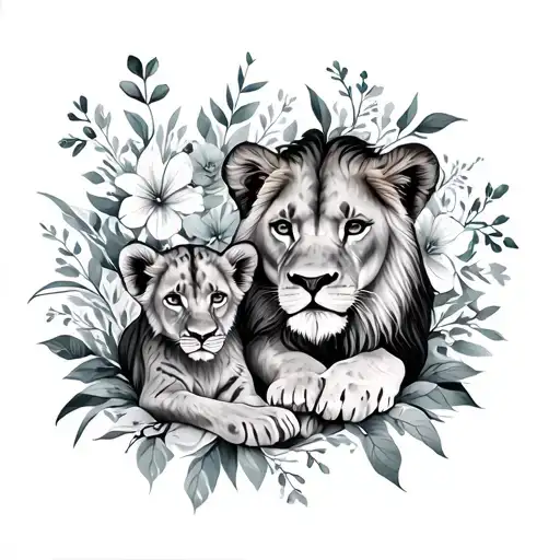 october and december floral lioness and cub resting  tattoo design idea