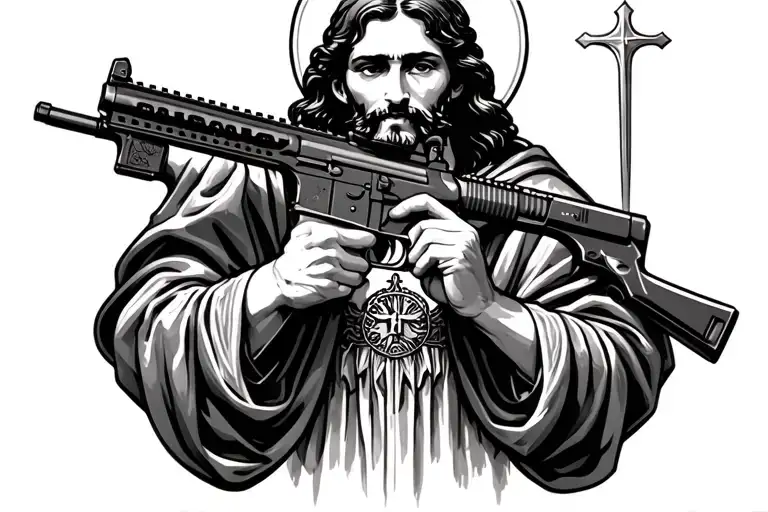 saint Jude holding a ar 15 tattoo design idea
