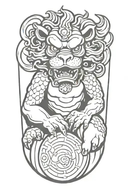 Foo dog holding orb tattoo design idea