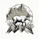 mountain goat leaping over a mountain, small daisies, minimalist tattoo design idea