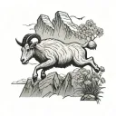 mountain goat leaping over a mountain, small daisies, minimalist tattoo design idea