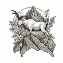 mountain goat leaping over a mountain, small daisies, minimalist tattoo design idea