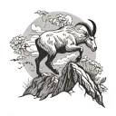 mountain goat leaping over a mountain, small daisies, minimalist tattoo design idea