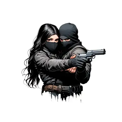 A girl and a guy in a balaclava hug and hold pistols at arm's length tattoo design idea