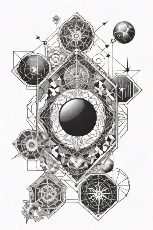 unique tattoo design incorporating elements like zodiac sign of Libra and cancer, Sagittarius angel and metatron's cube tattoo design idea