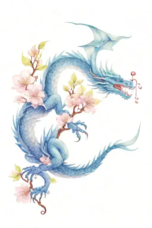 dragon and cherry blossoms ink wash tattoo design idea