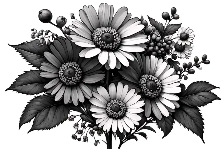 windflowers and st johns wort berries and daisies tattoo design idea