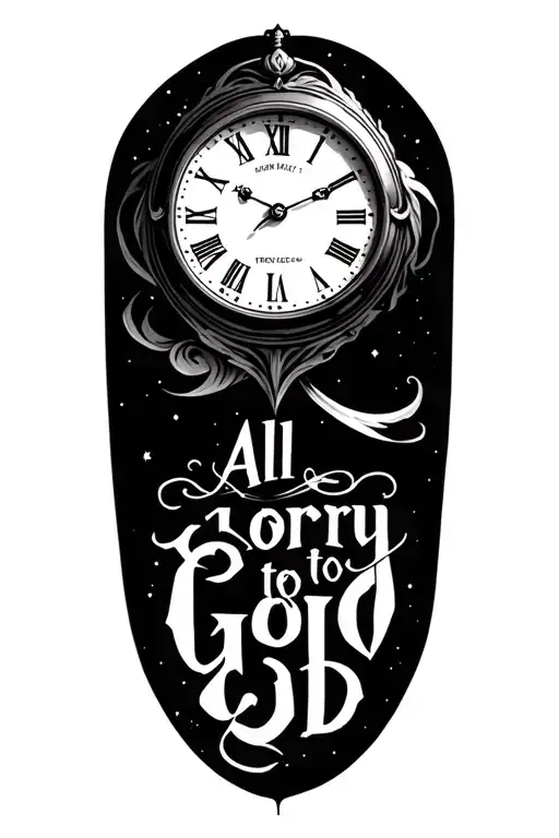 Clock tattoo with space for a quote undernear in a small font saying "All glory to god" tattoo design idea