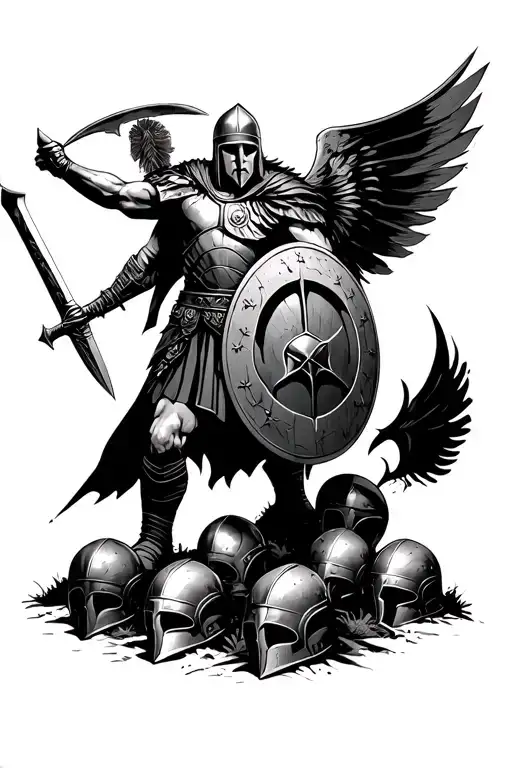spartan warrior wielding a sword and shield. he's standing over the burial ground of his brothers helmets on swords.  tattoo design idea