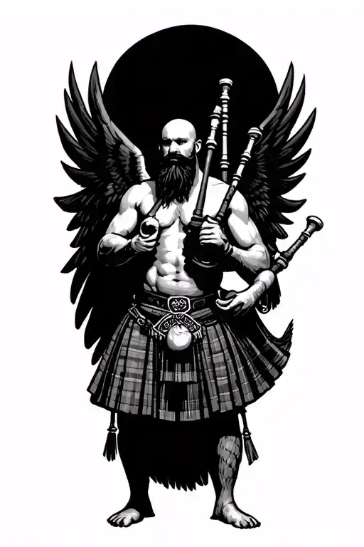 no legs shirtless muscular bagpiper bald black beard playing bagpipes hoge black wings tattoo design idea