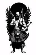no legs shirtless muscular bagpiper bald black beard playing bagpipes hoge black wings tattoo design idea